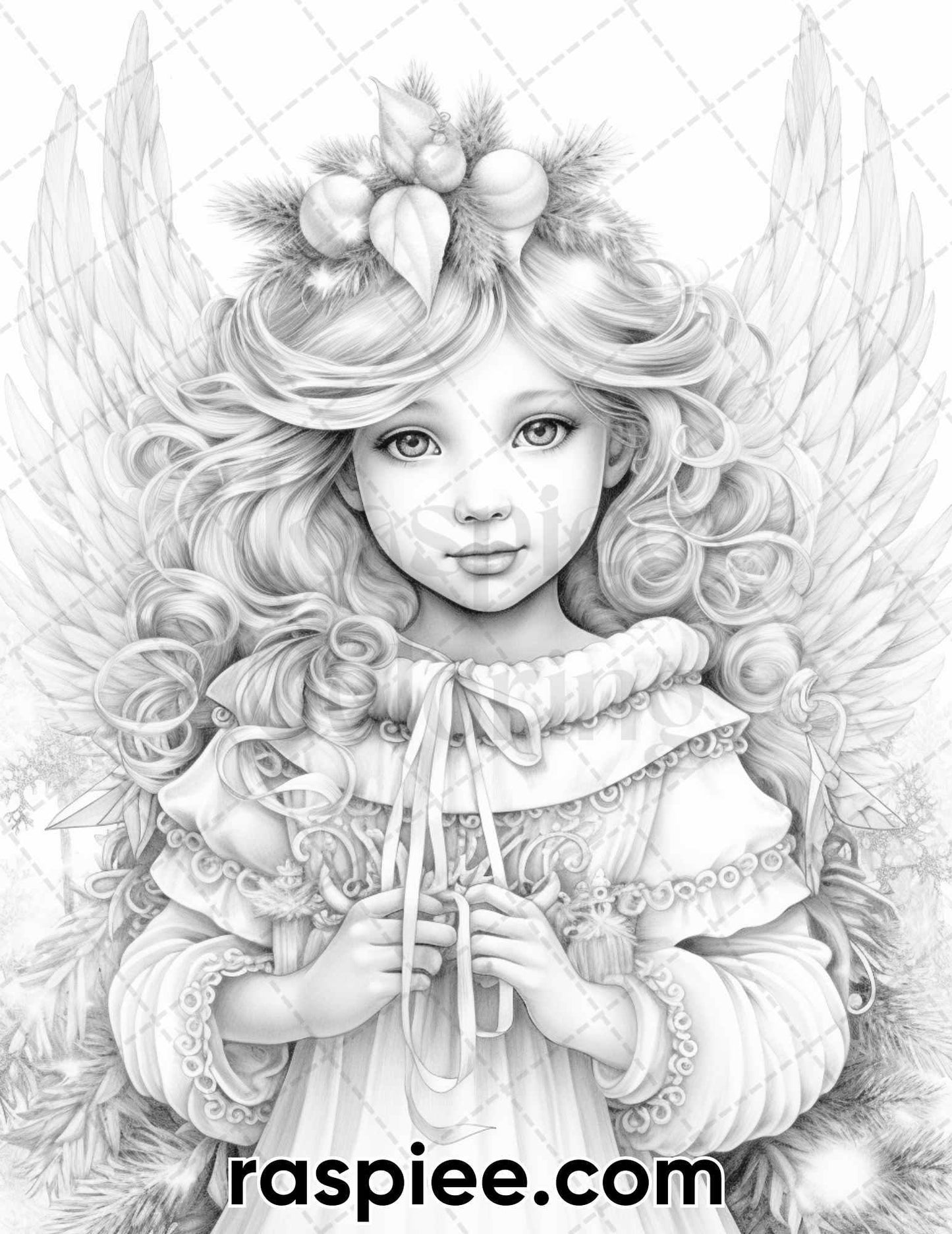 55 Christmas Angel Grayscale Coloring Pages for Adults, Printable PDF Instant Download