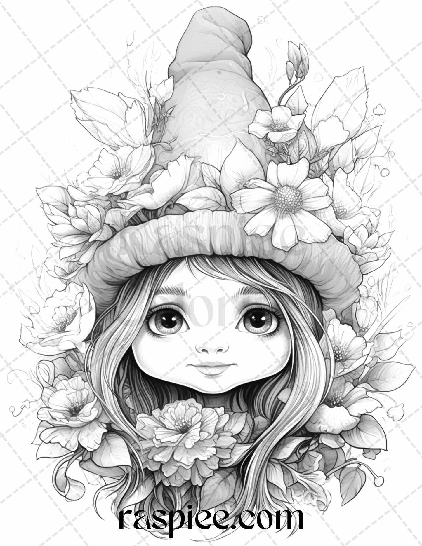50 Flower Gnomes Grayscale Coloring Pages Printable for Adults Kids, PDF File Instant Download