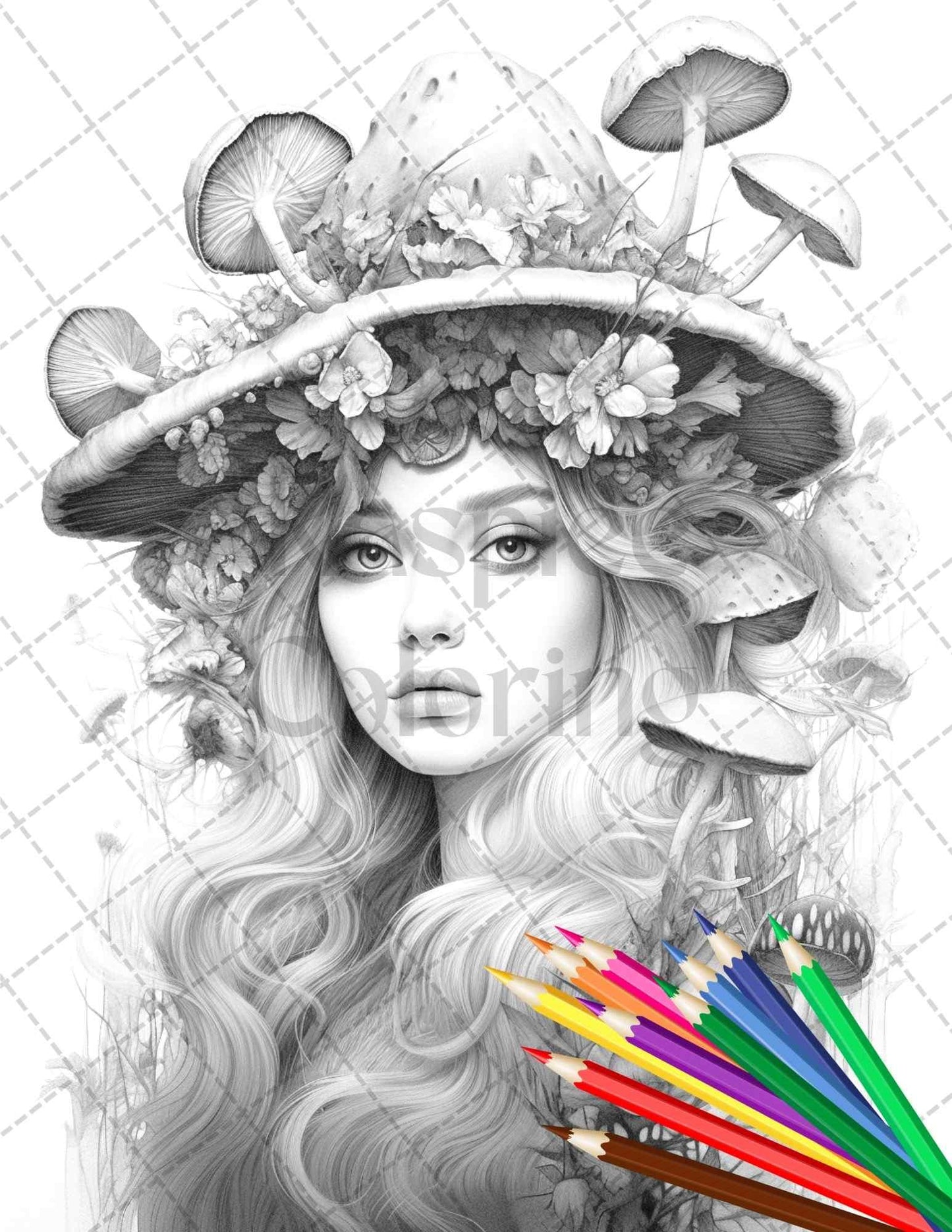 50 Mushroom Fairy Grayscale Coloring Pages Printable for Adults, PDF File Instant Download