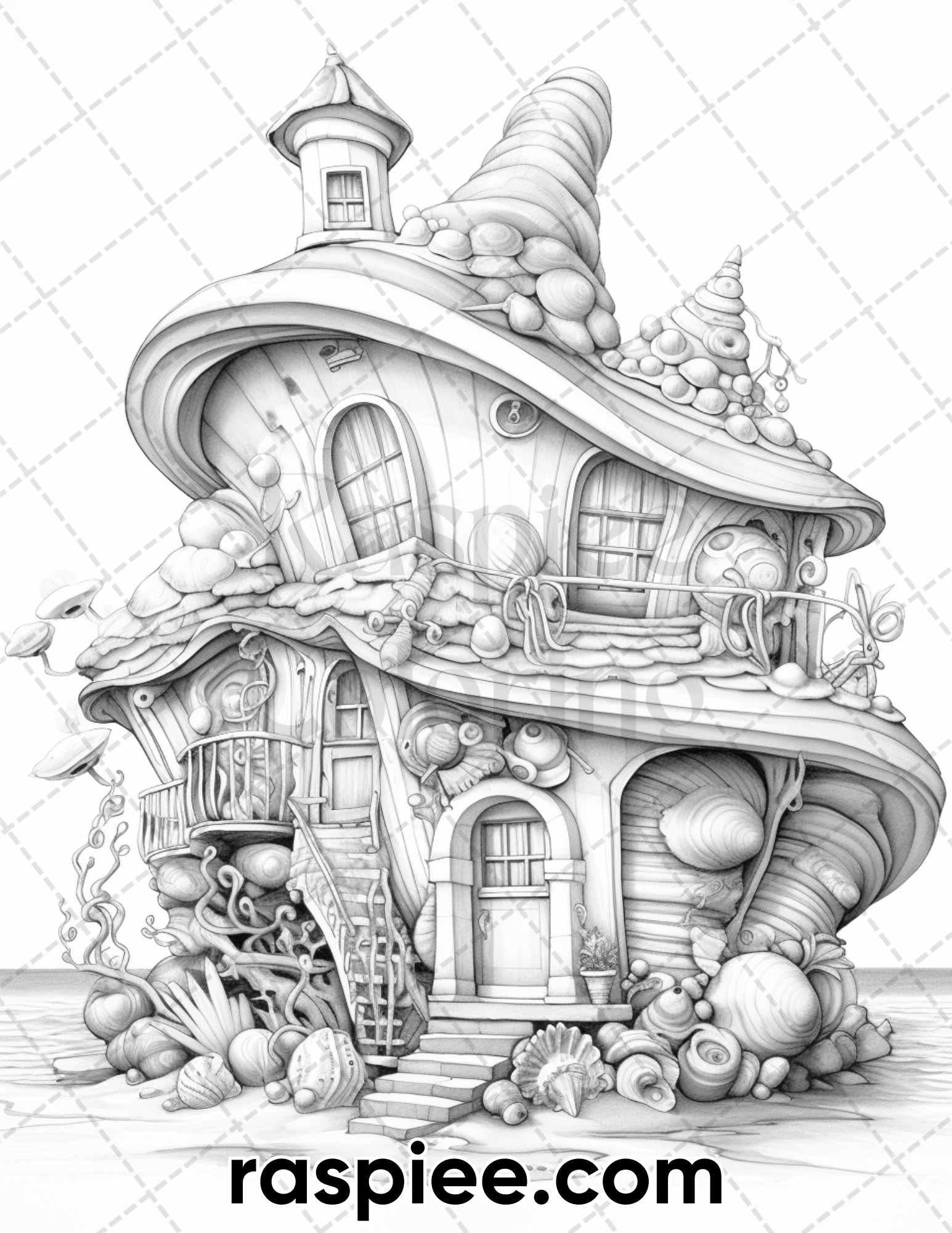 50 Seashell Houses Grayscale Adult Coloring Pages, Printable PDF Instant Download