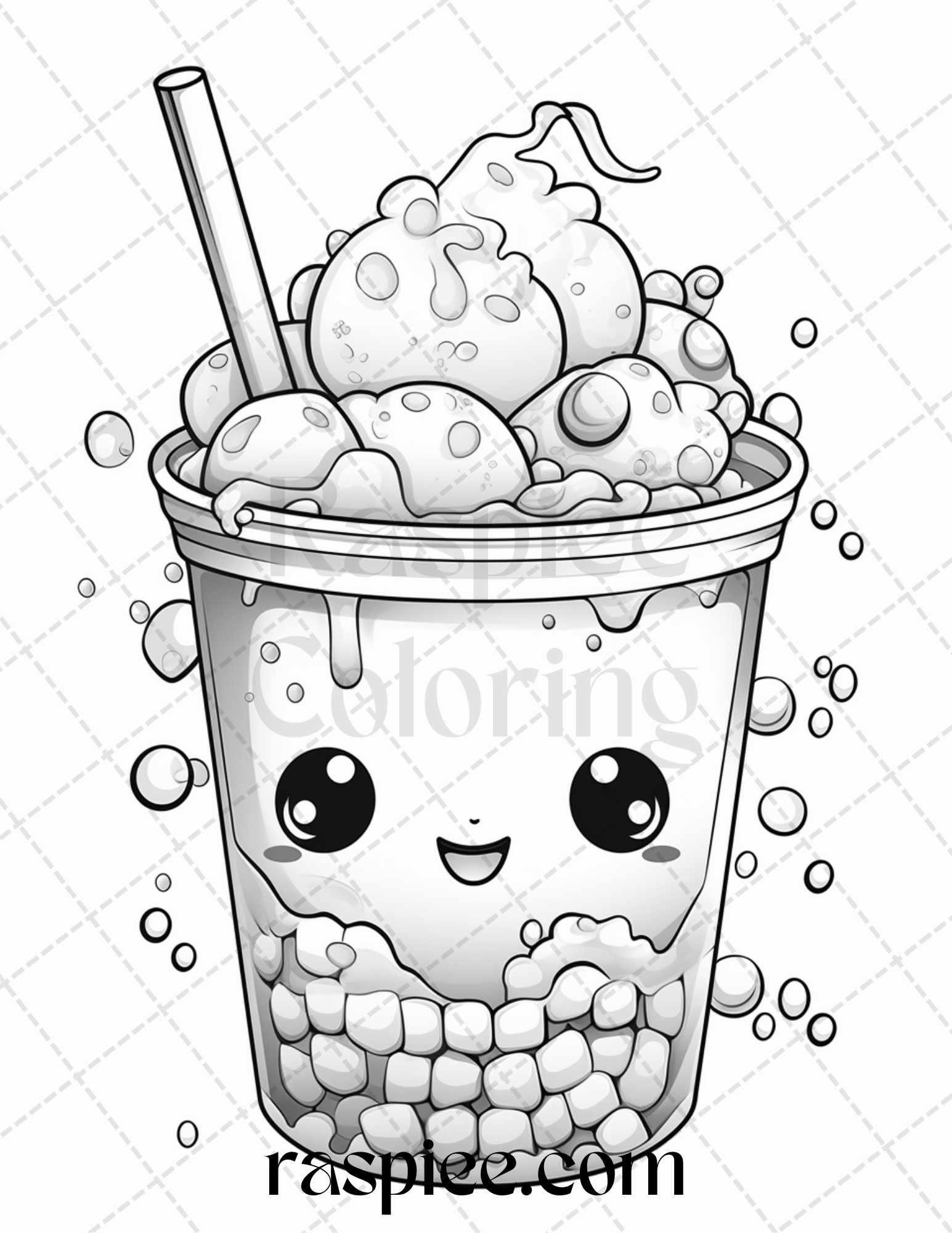 50 Cute Kawaii Boba Tea Grayscale Coloring Pages for Adults and Kids, Printable PDF File Instant Download