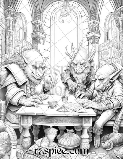 Fantasy Goblins Grayscale Coloring Pages Printable for Adults, PDF File Instant Download