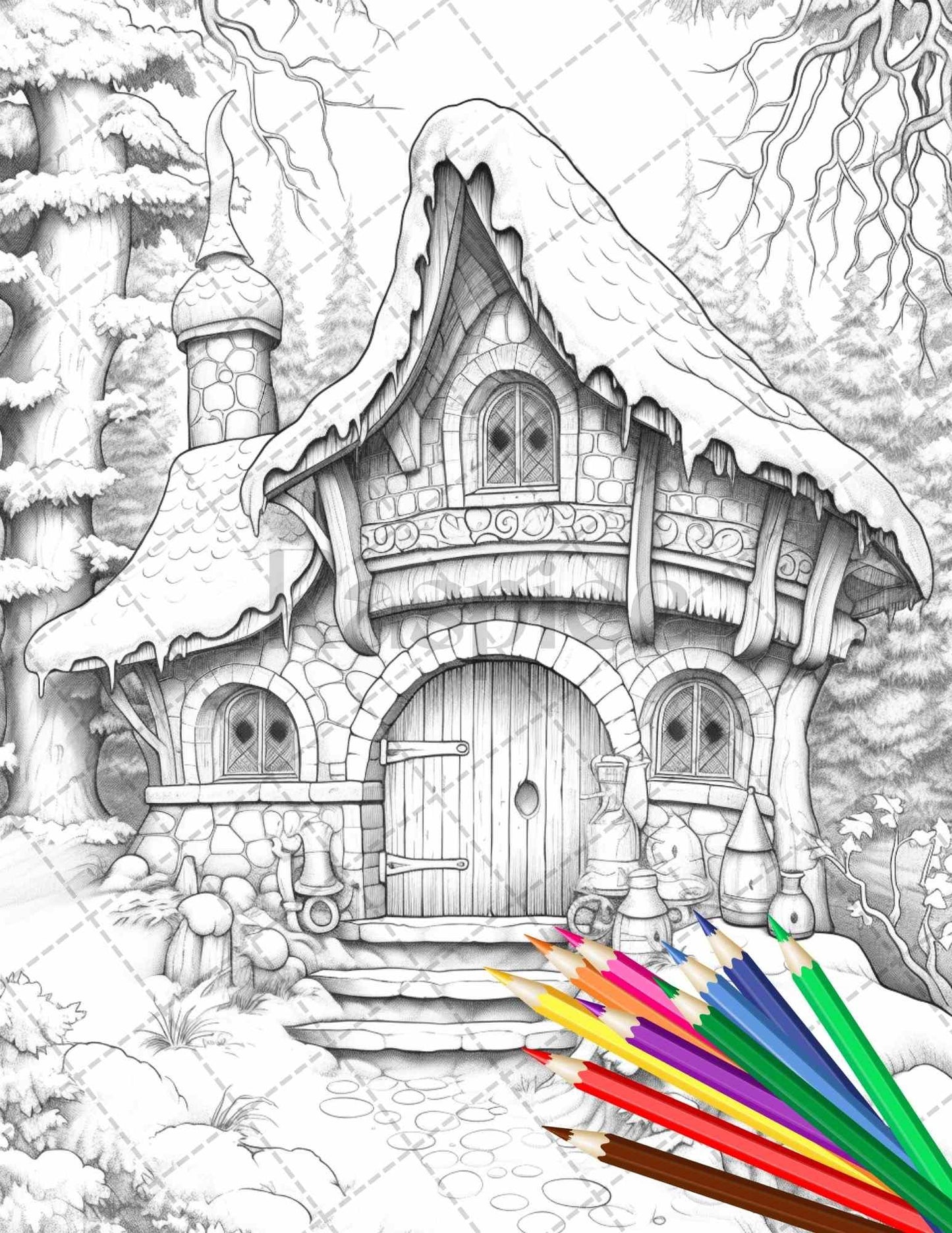 63 Winter Fairy Houses Grayscale Coloring Pages Printable for Adults, PDF File Instant Download