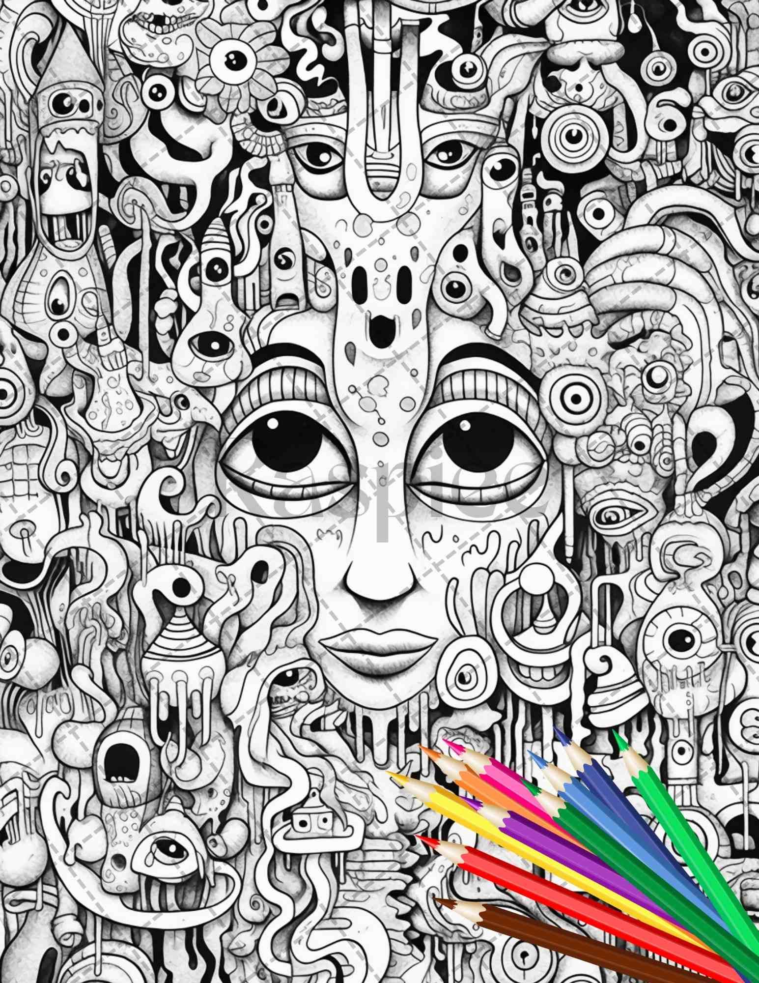 Psychedelic Trippy Coloring Book Printable for Adults, Grayscale Coloring Page, PDF File Instant Download