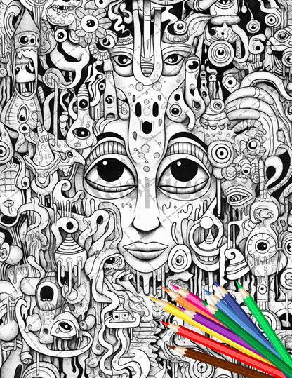 Psychedelic Trippy Coloring Book Printable for Adults, Grayscale Coloring Page, PDF File Instant Download