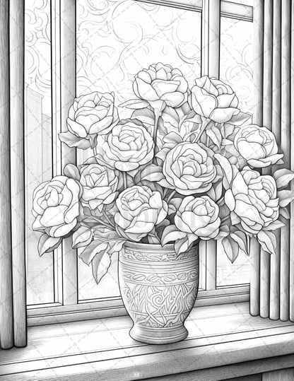 40 Captivating Roses Grayscale Coloring Pages Printable for Adults, PDF File Instant Download
