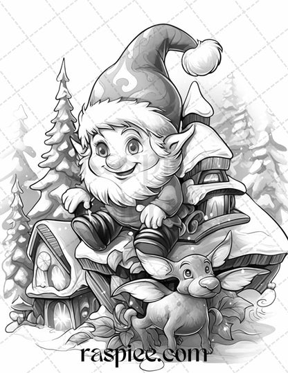 60 Christmas Gnomes Grayscale Coloring Pages Printable for Adults and Kids, PDF File Instant Download