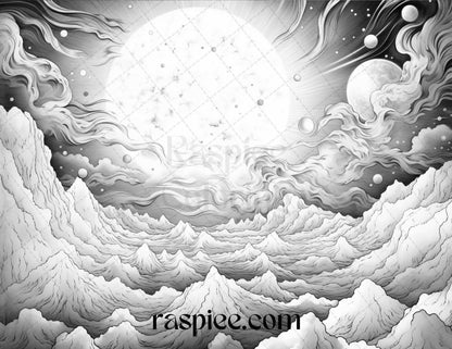 55 Celestial Landscapes Grayscale Coloring Pages Printable for Adults, PDF File Instant Download