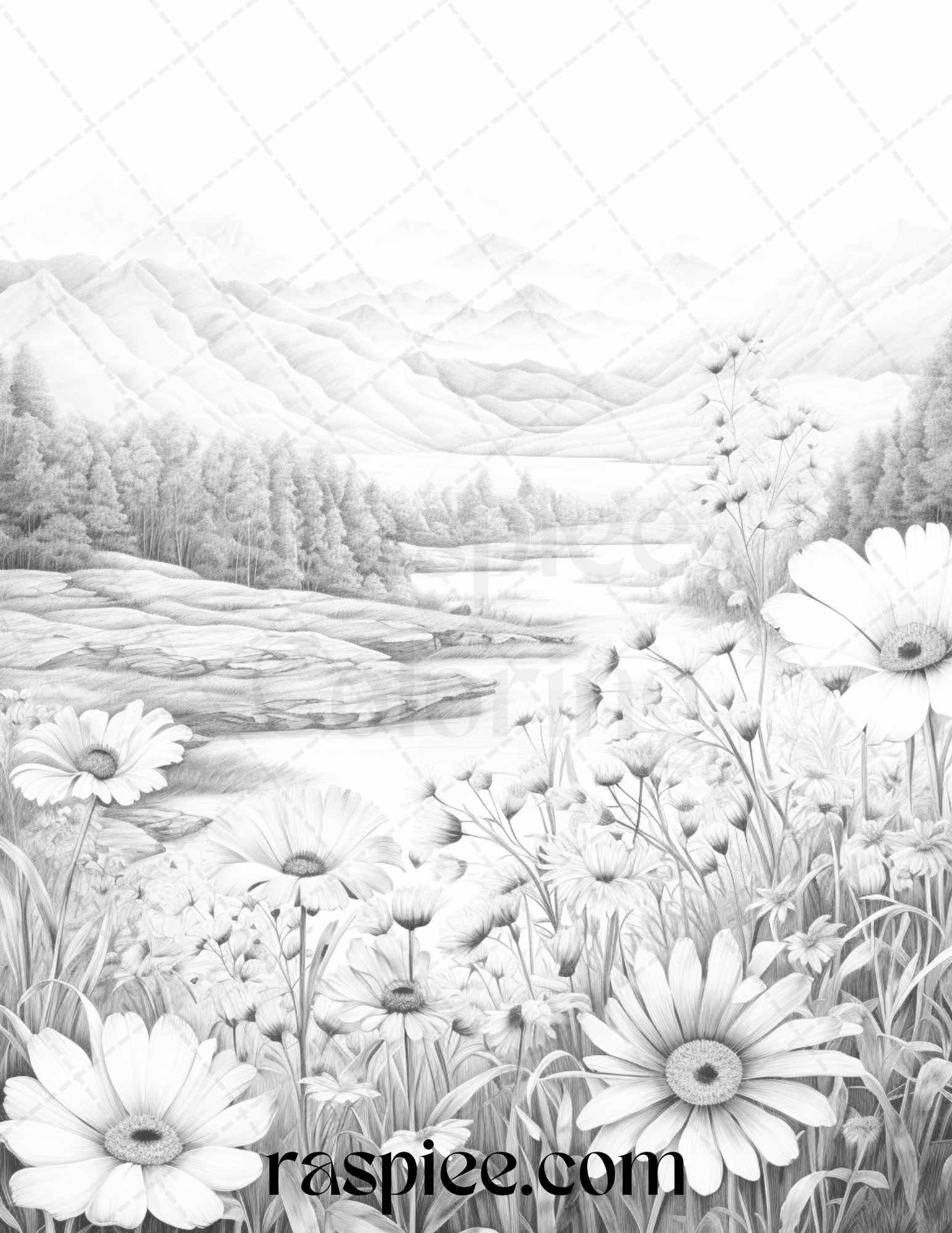 60 Mountain Flower Landscapes Grayscale Coloring Pages Printable for Adults, PDF File Instant Download