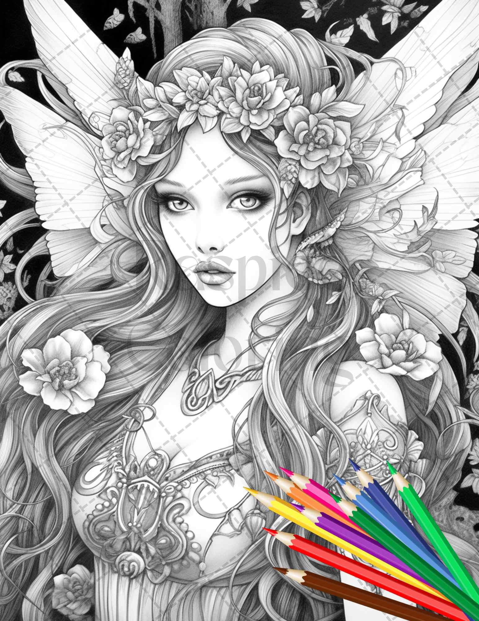 Beautiful Dark Fairy Grayscale Coloring Pages Printable for Adults, PDF File Instant Download