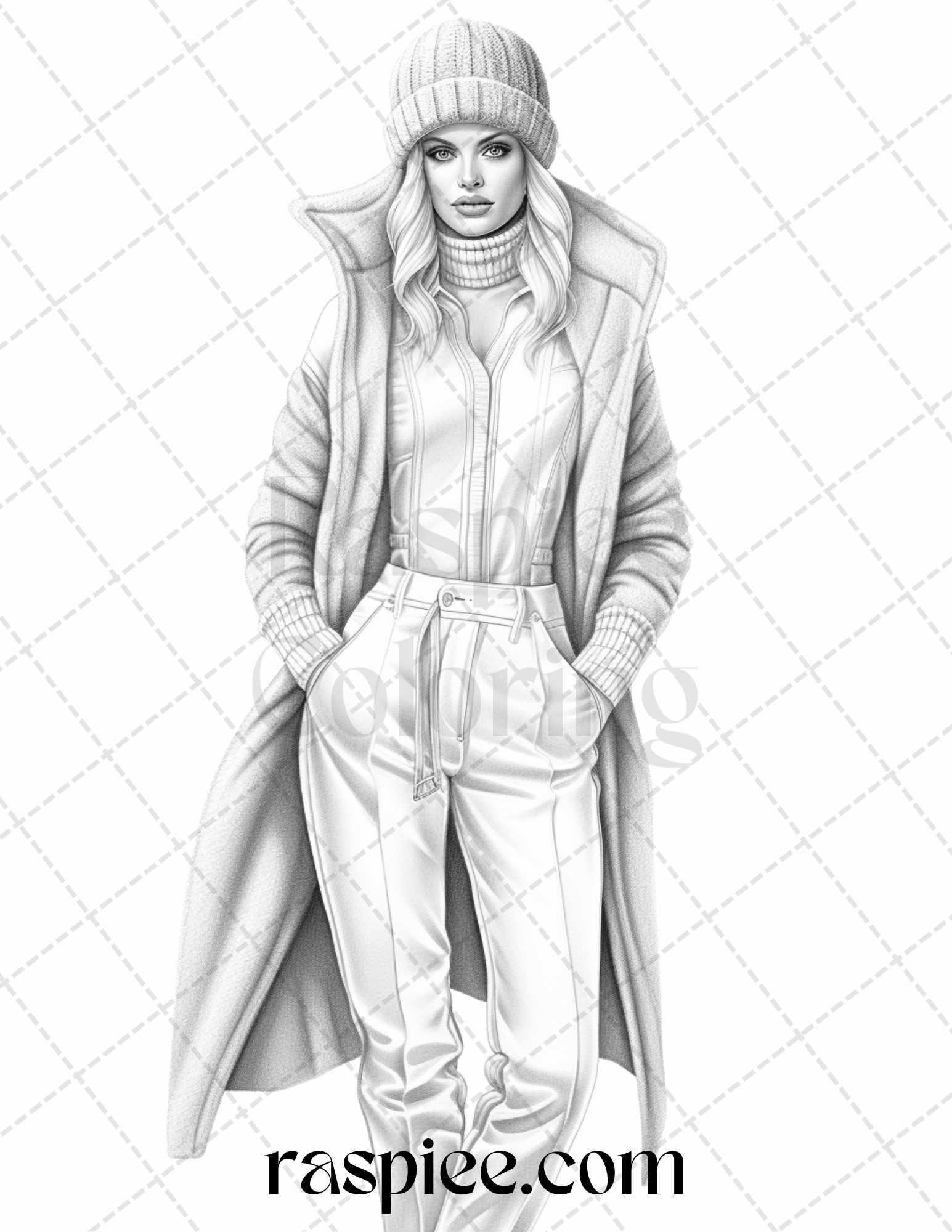 40 Winter Fashion Grayscale Coloring Pages Printable for Adults, PDF File Instant Download