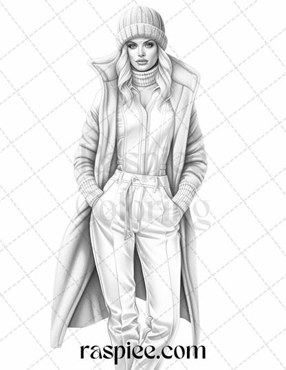 40 Winter Fashion Grayscale Coloring Pages Printable for Adults, PDF File Instant Download