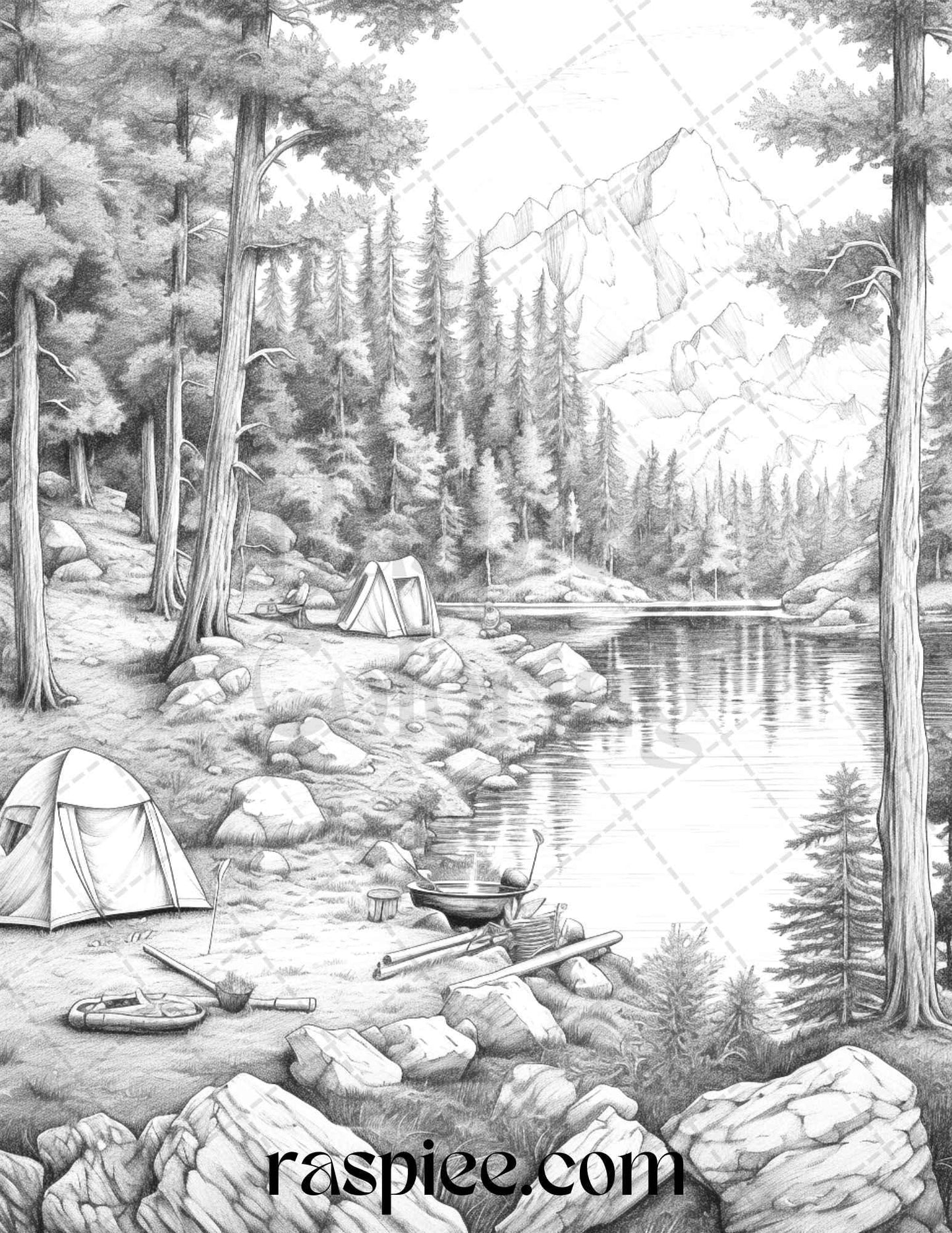 Nature Camping Grayscale Coloring Pages Printable, Relaxing Outdoor Scenes, PDF File Instant Download