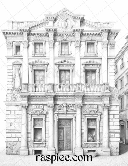 Roman Architecture Grayscale Coloring Pages Printable for Adults, PDF File Instant Download