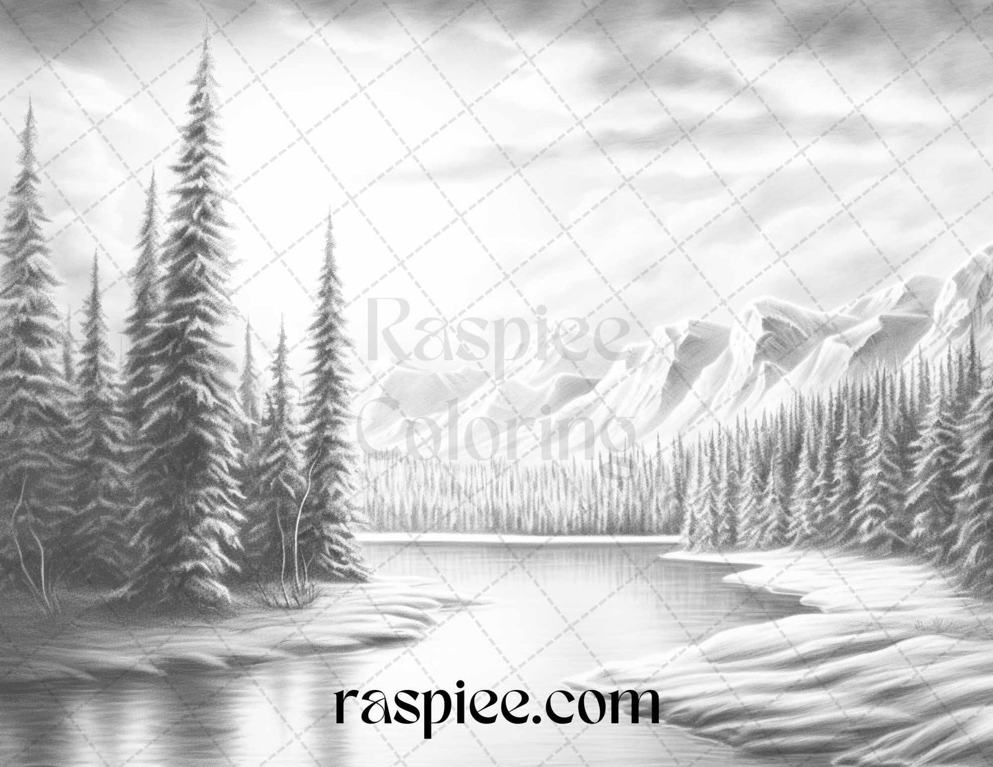Aurora Borealis Landscape Grayscale Coloring Pages for Adults, Printable PDF File Instant Download
