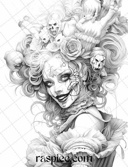 50 Scary Clown Girls Grayscale Coloring Pages Printable for Adults, PDF File Instant Download