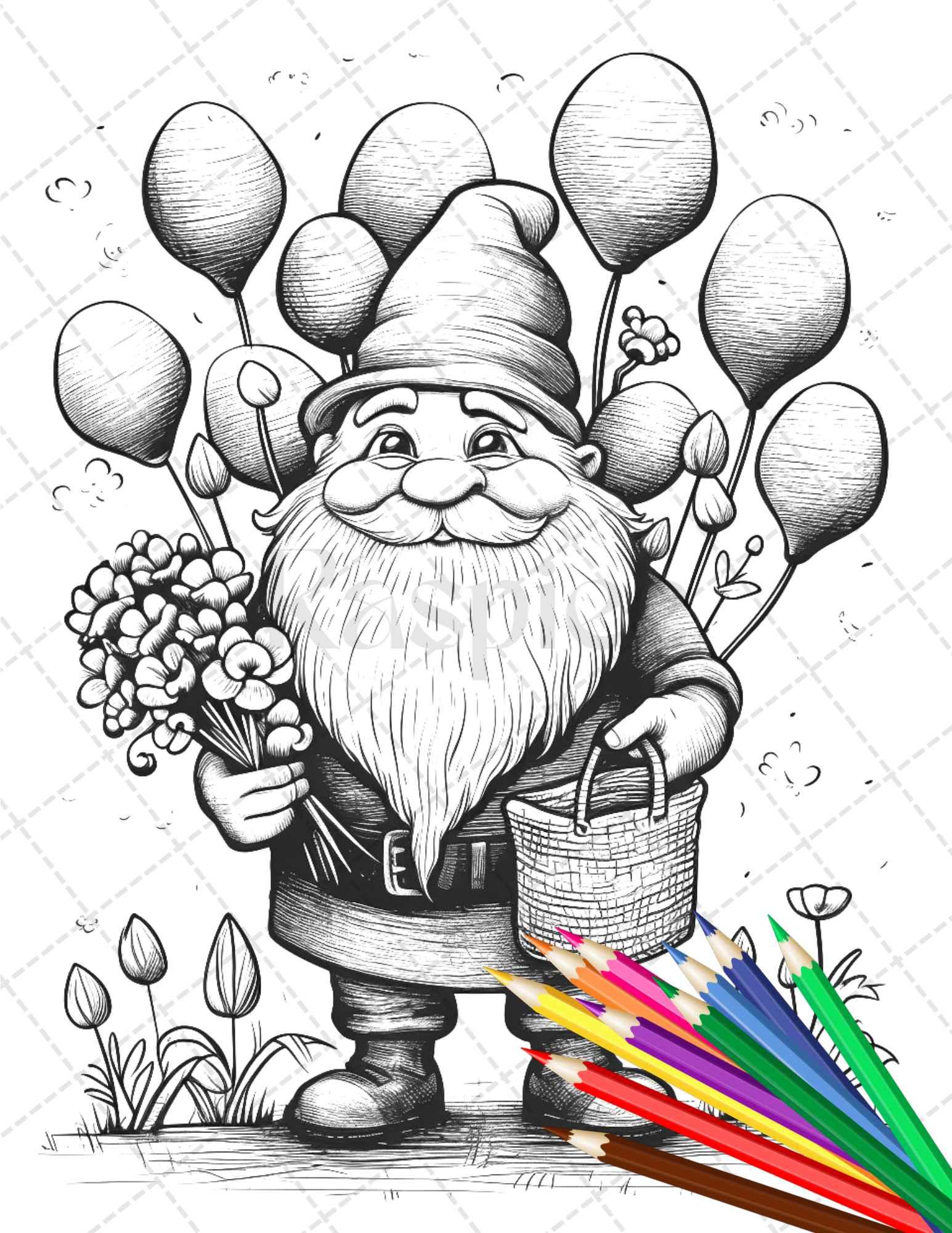33 Gnome Love Coloring Pages Printable for Adults, Grayscale Coloring Page, PDF File Instant Download