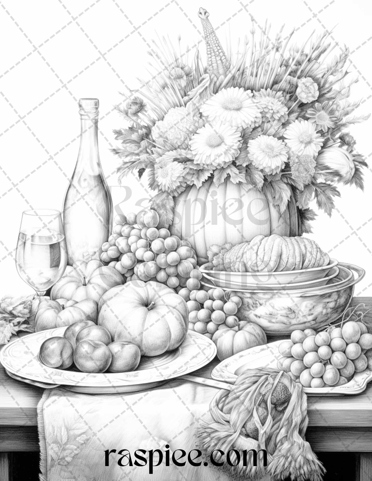 Thanksgiving Dinner Grayscale Coloring Pages for Adults, Relaxing Fall Coloring Sheets, Printable PDF File Instant Download