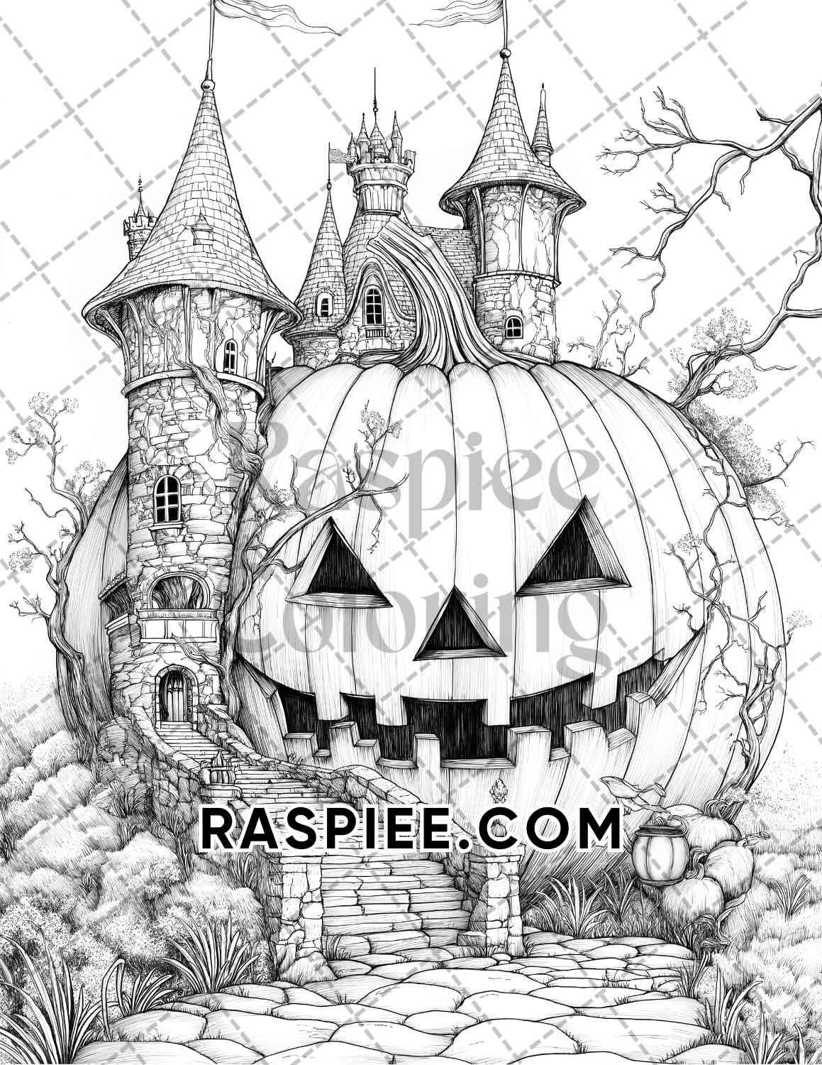 Fantasy Giant Pumpkin Castles Adult Coloring Pages Printable PDF Instant Download