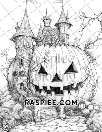 Fantasy Giant Pumpkin Castles Adult Coloring Pages Printable PDF Instant Download