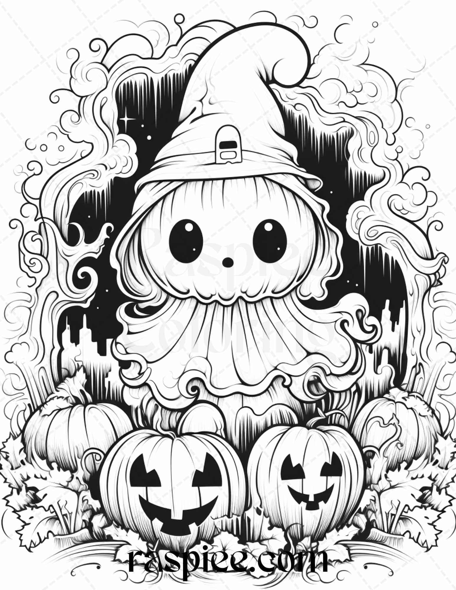 50 Halloween Cute Ghosts Grayscale Coloring Printable for Adults Kids, PDF File Instant Download