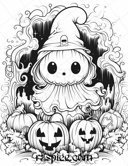 50 Halloween Cute Ghosts Grayscale Coloring Printable for Adults Kids, PDF File Instant Download