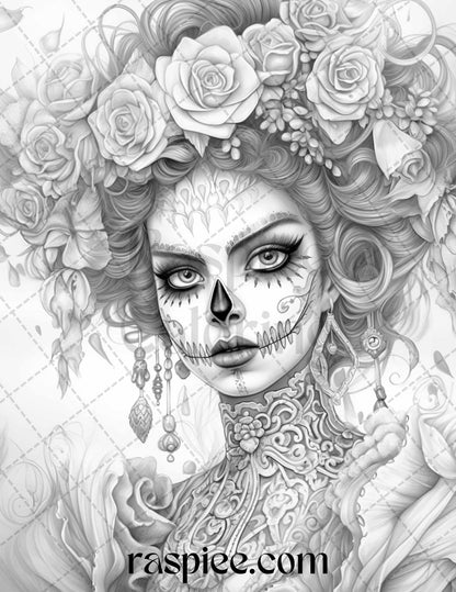 50 Day of the Dead Grayscale Coloring Pages Printable for Adults, PDF File Instant Download