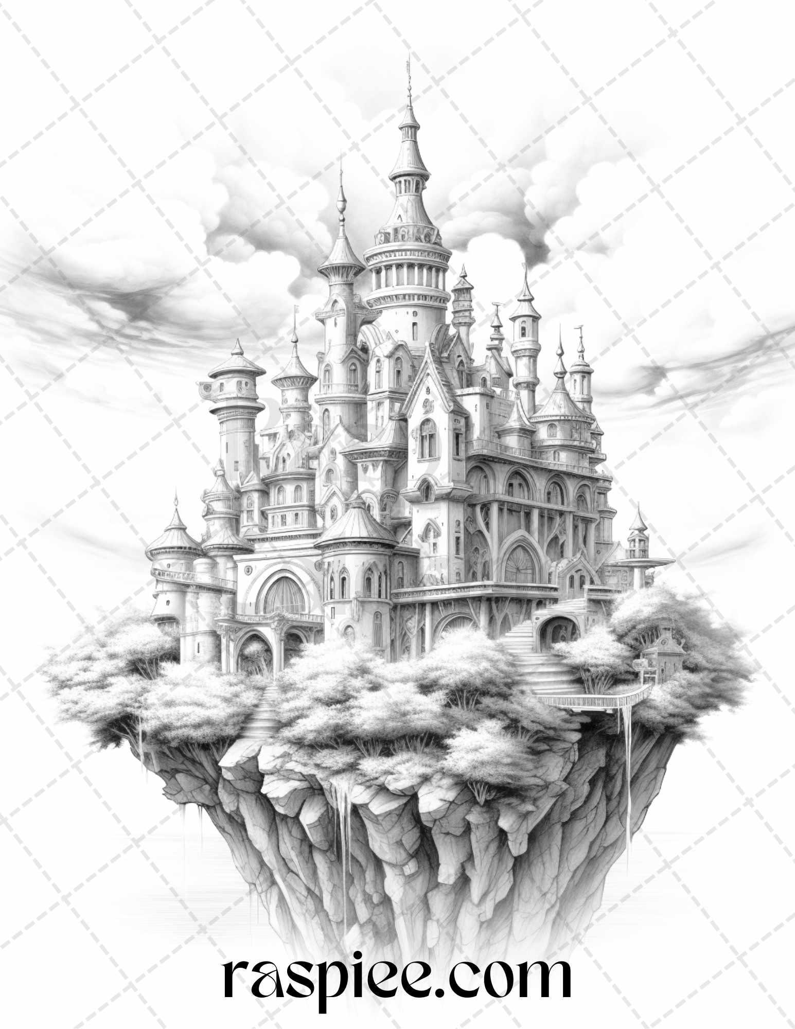 Floating Castle in the Sky Grayscale Coloring Pages for Adults, Printable PDF File Instant Download