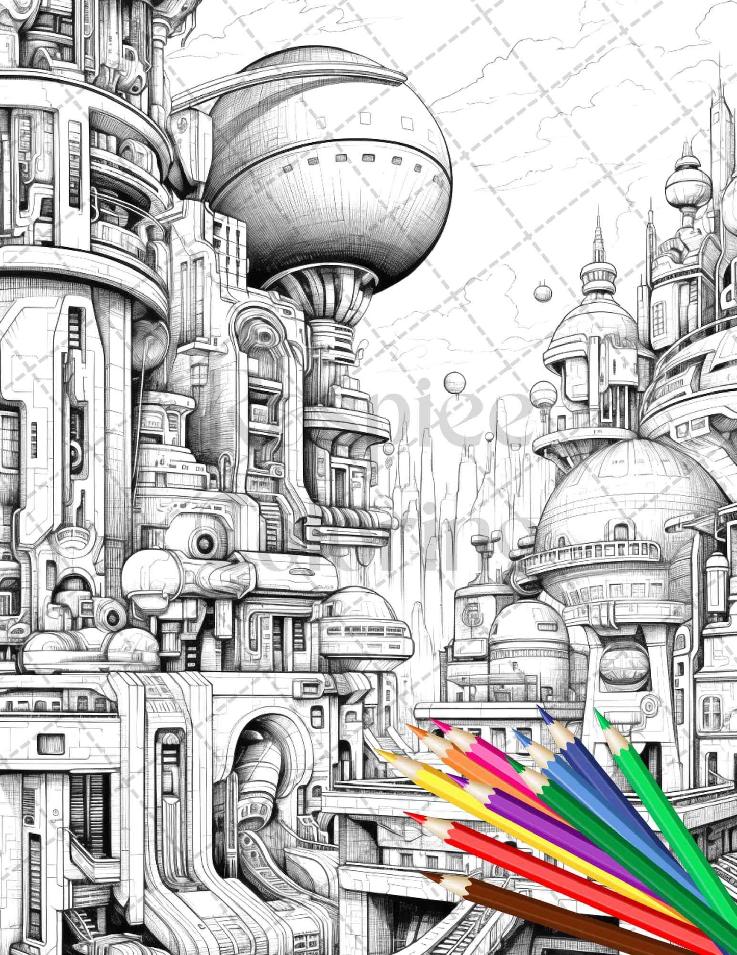 50 Futuristic Metropolis Grayscale Coloring Pages Printable for Adults, PDF File Instant Download