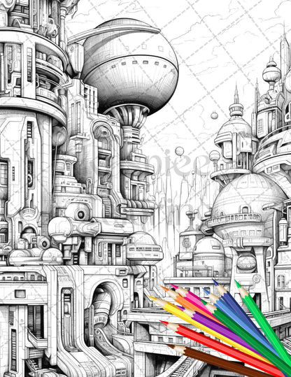 50 Futuristic Metropolis Grayscale Coloring Pages Printable for Adults, PDF File Instant Download