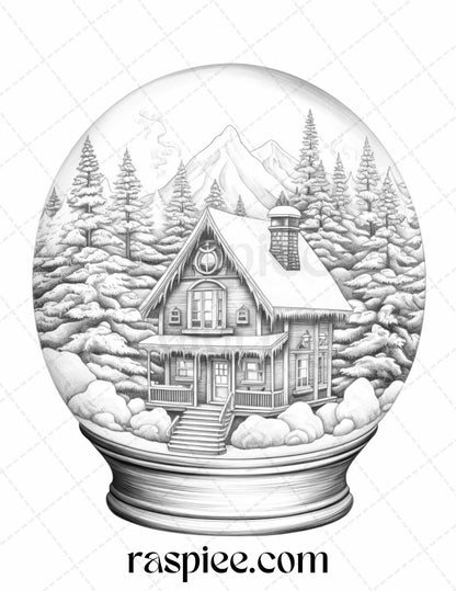 Cozy Cabin in Snow Globe Grayscale Coloring Pages Printable for Adults, PDF File Instant Download