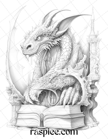 50 Magical Books Grayscale Coloring Pages Printable for Adults, PDF File Instant Download