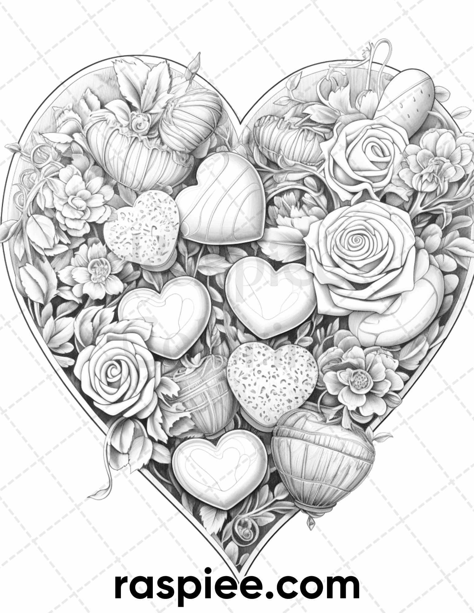 50 Sweet Valentine Grayscale Adult Coloring Pages, Printable PDF Instant Download