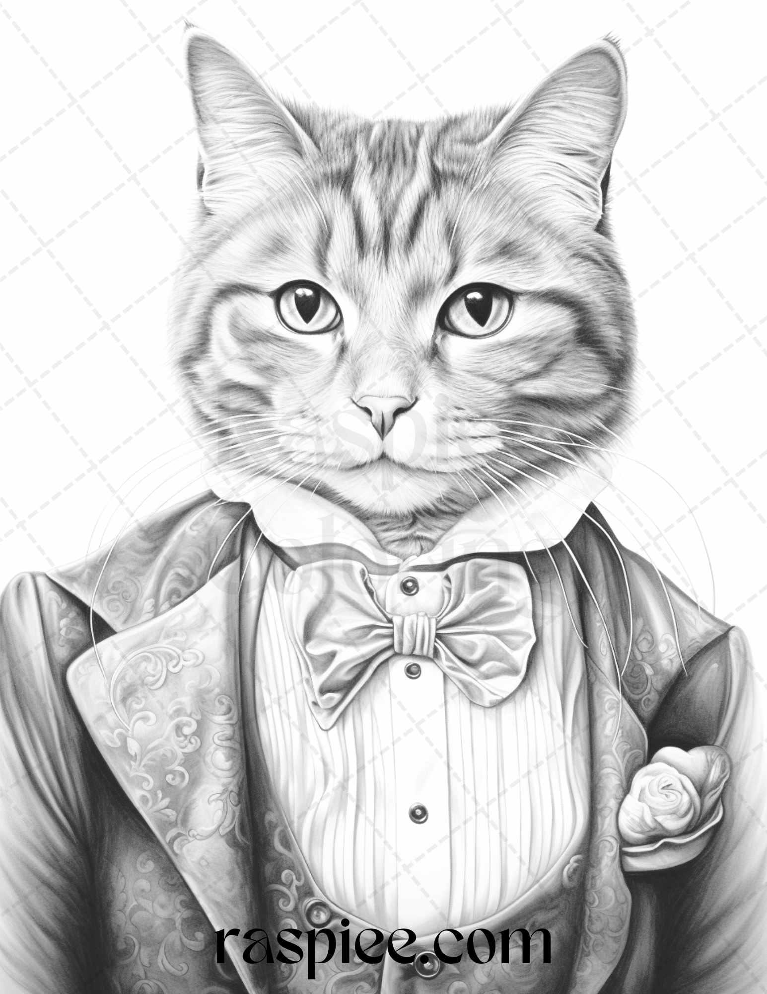 Gentleman Cat Grayscale Coloring Pages Printable for Adults Kids, PDF File Instant Download