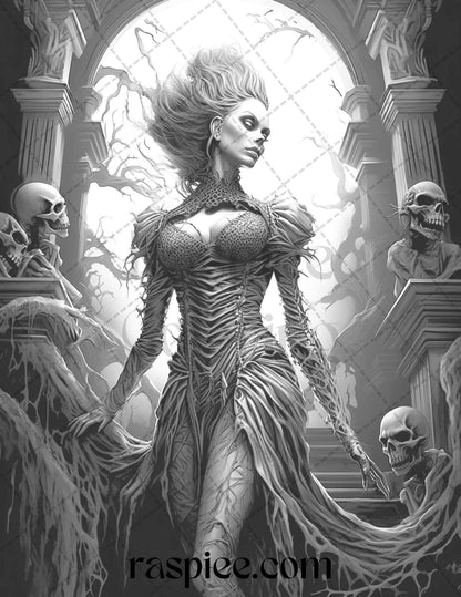 60 Halloween Vampire Grayscale Coloring Pages Printable for Adults, PDF File Instant Download