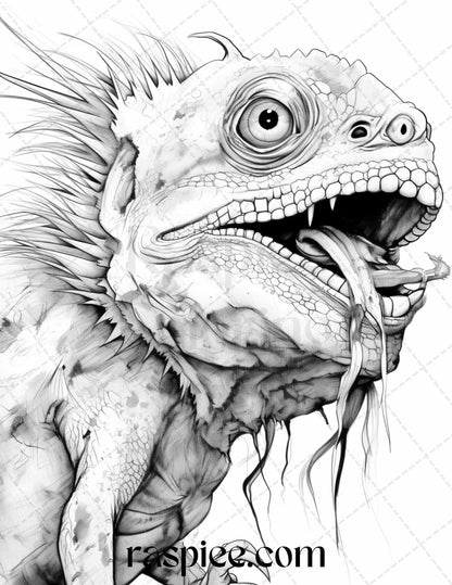66 Horror Zombie Animals Grayscale Coloring Pages Printable for Adults, PDF File Instant Download