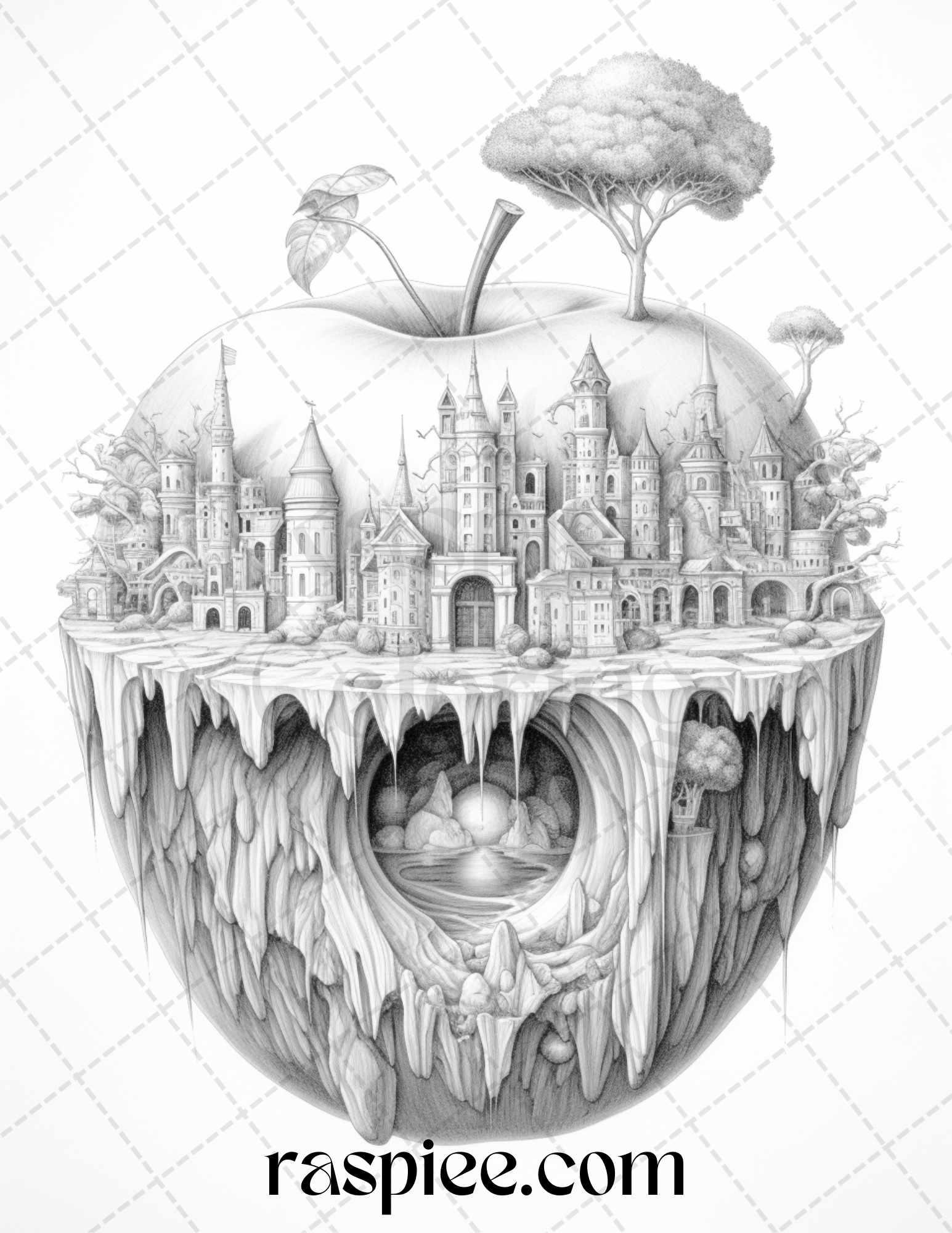60 Miniworld in the Apple Grayscale Coloring Pages Printable for Adults, PDF File Instant Download