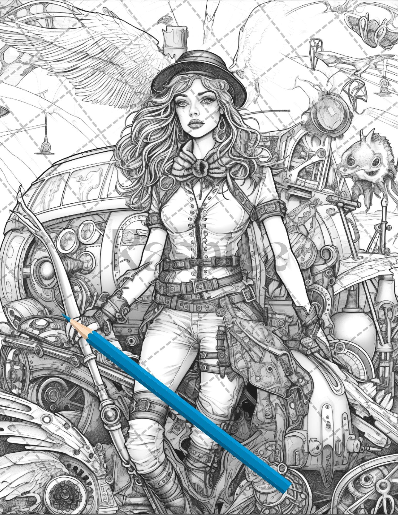 30 Steampunk Girls Coloring Pages Printable for Adults, Victorian Inspired Adult Grayscale Coloring Book, PDF File Download
