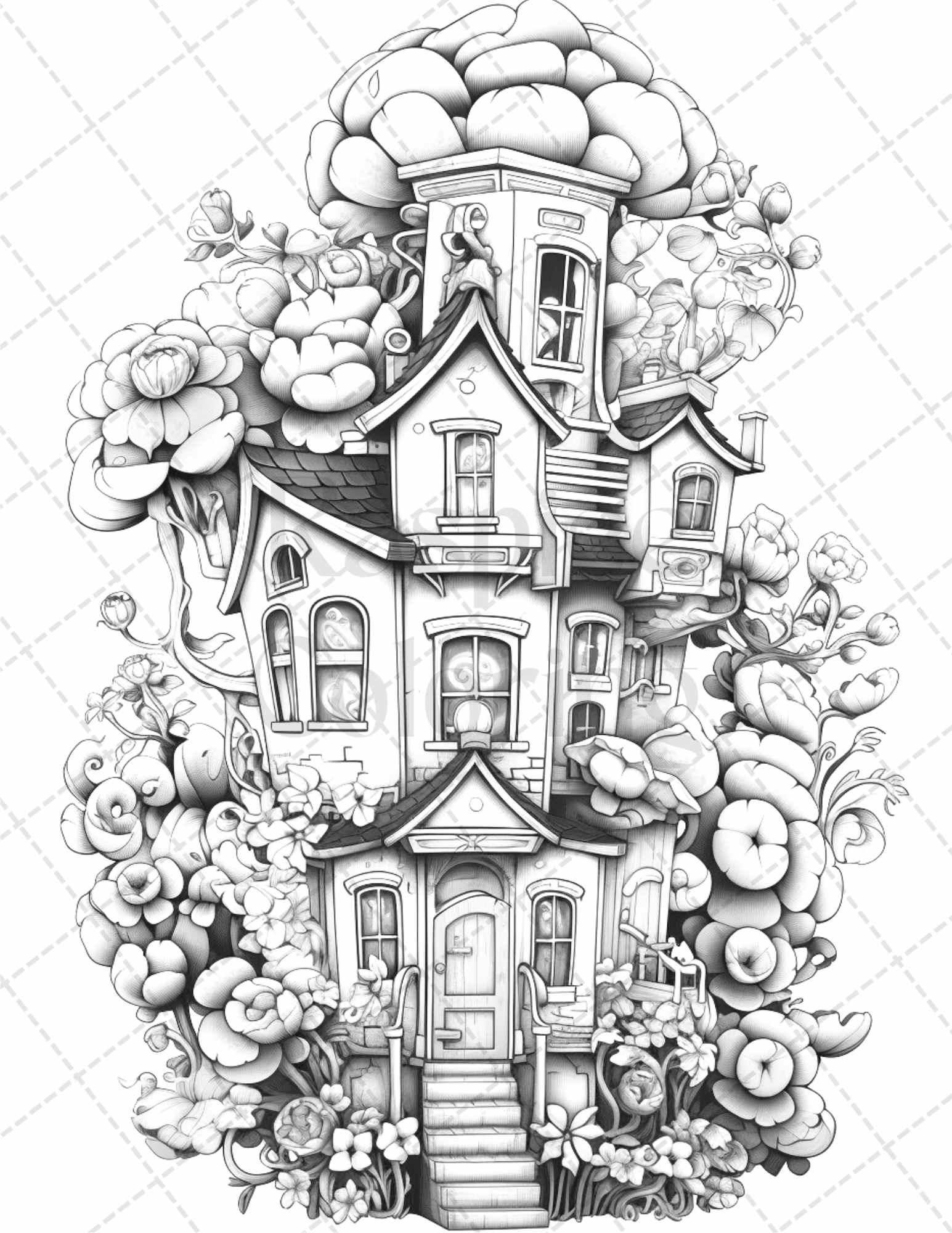 60 Flower Houses Grayscale Coloring Pages Printable for Adults, PDF File Instant Download