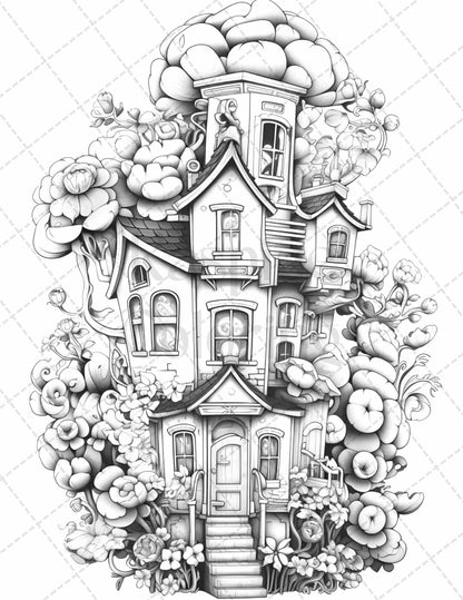 60 Flower Houses Grayscale Coloring Pages Printable for Adults, PDF File Instant Download