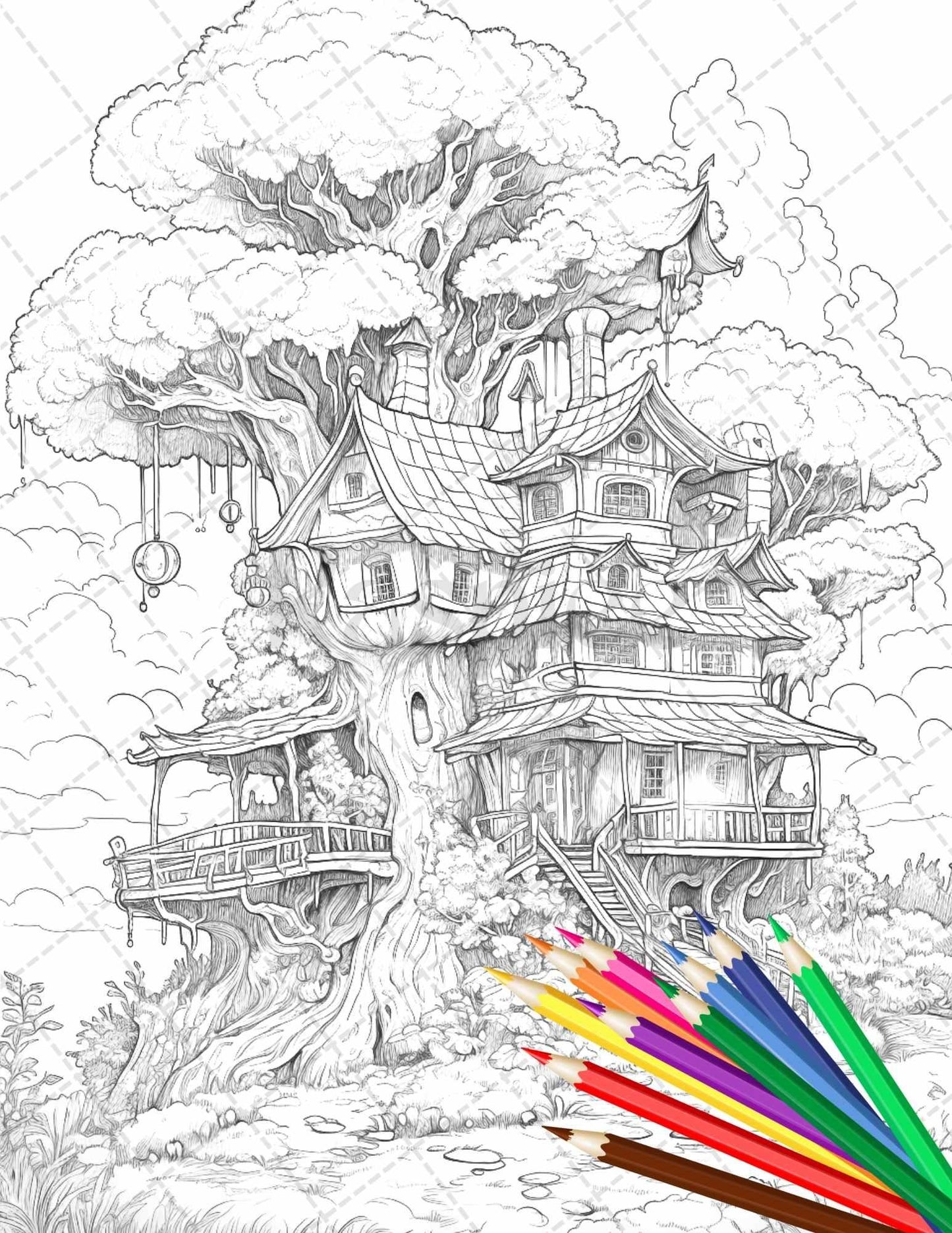 110 Enchanted Treehouse Coloring Book Printable for Adults, Grayscale Coloring Page, PDF File Instant Download