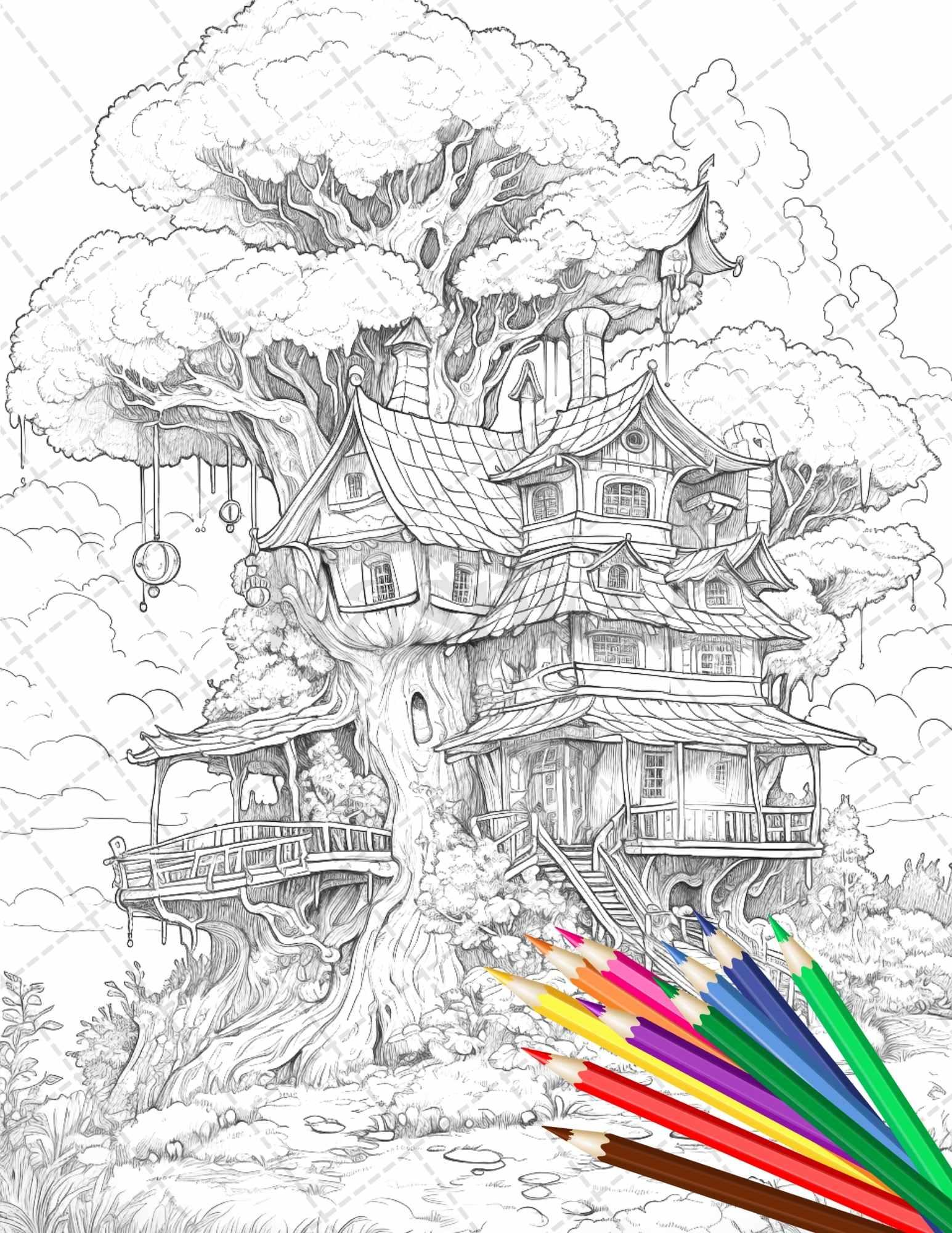 110 Enchanted Treehouse Coloring Book Printable for Adults, Grayscale Coloring Page, PDF File Instant Download