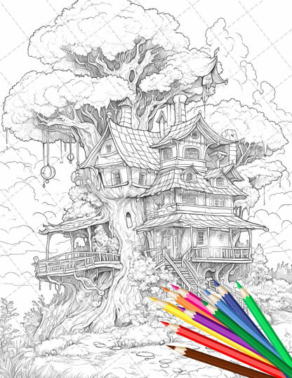 110 Enchanted Treehouse Coloring Book Printable for Adults, Grayscale Coloring Page, PDF File Instant Download