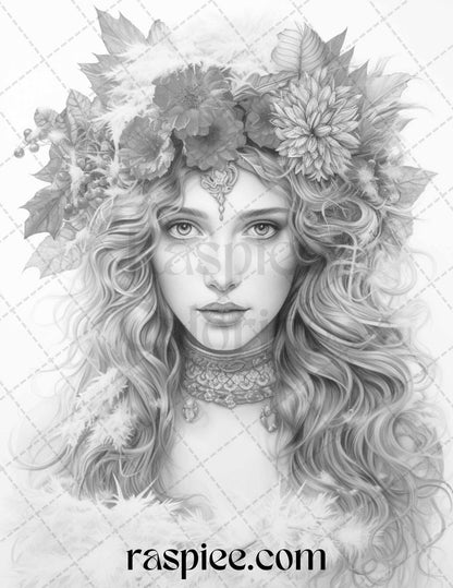 50 Winter Fairy Grayscale Coloring Pages Printable for Adults, PDF File Instant Download