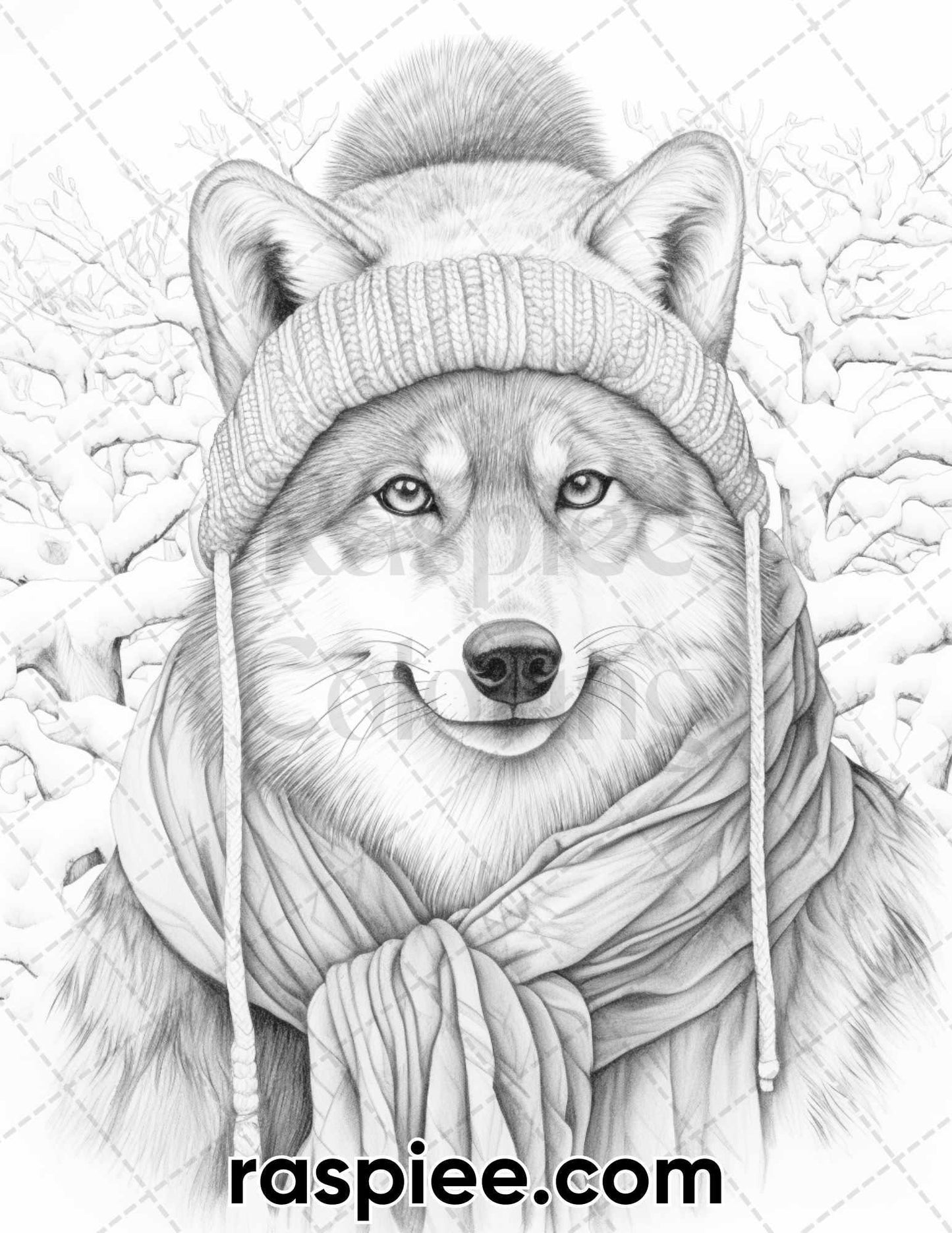 50 Winter Wolf Grayscale Coloring Pages for Adults, Printable PDF Instant Download