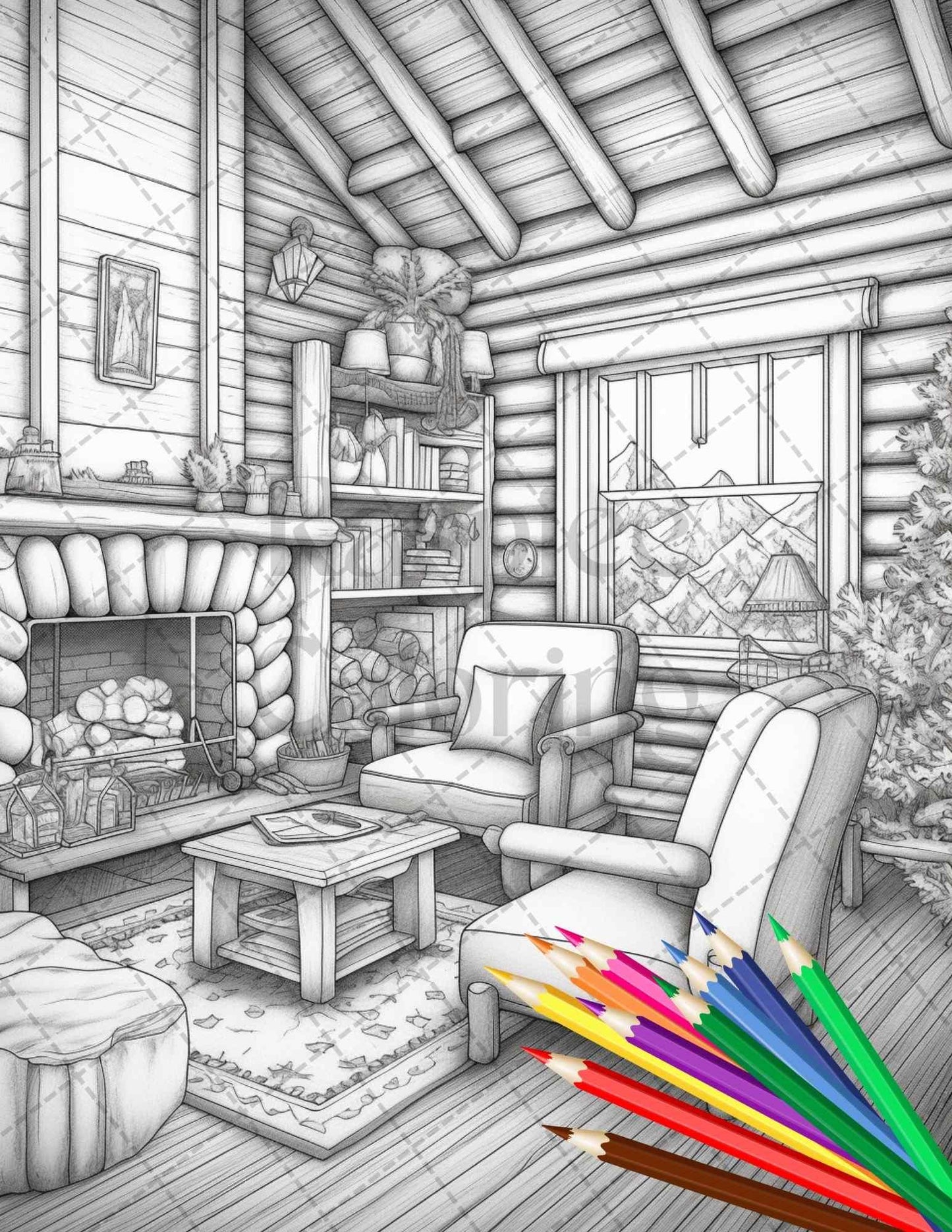 Cozy Cabin Interior Grayscale Coloring Pages Printable for Adults, PDF File Instant Download