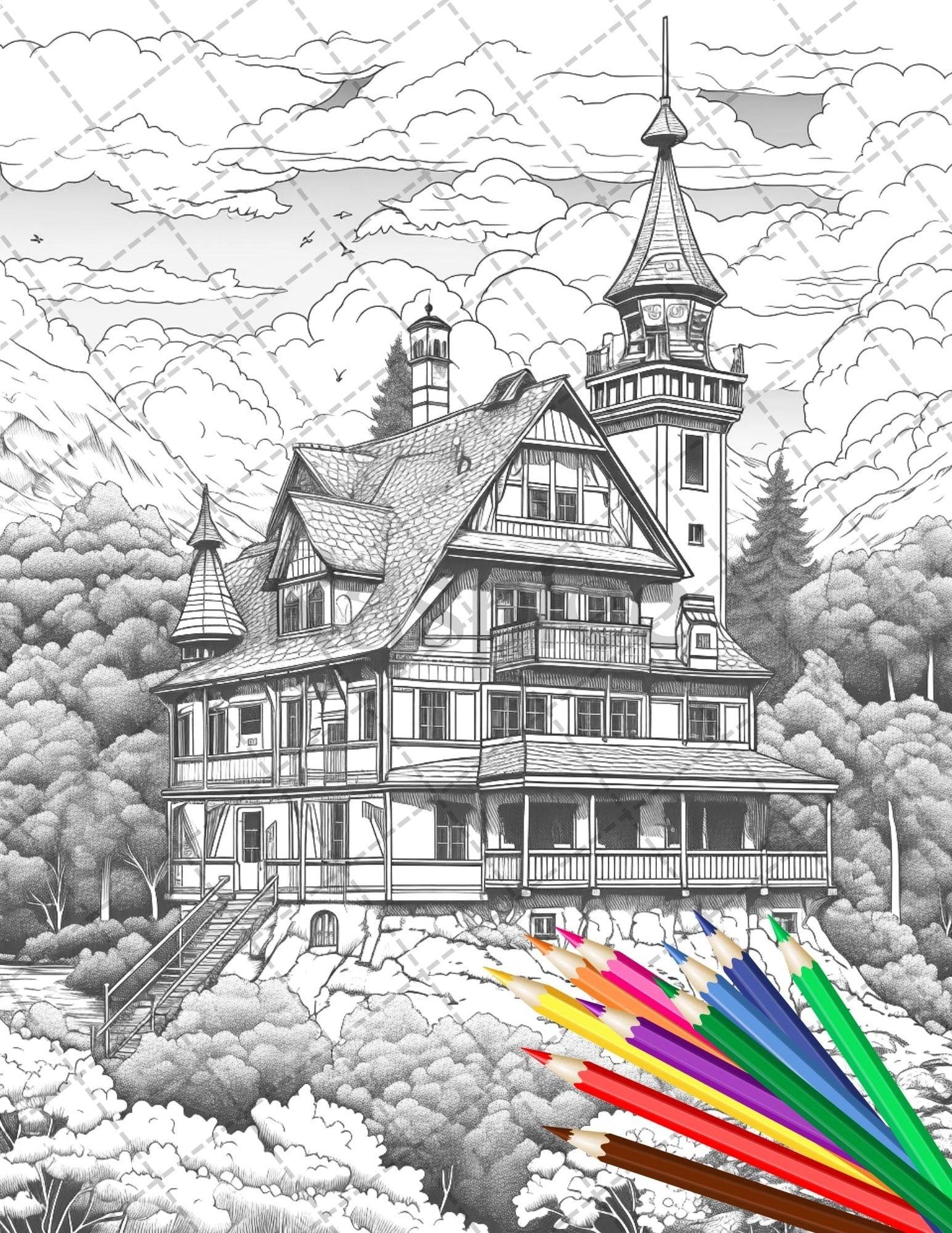 122 Fantasy Castles Coloring Book for Adults, Grayscale Coloring Page, Printable PDF Instant Download