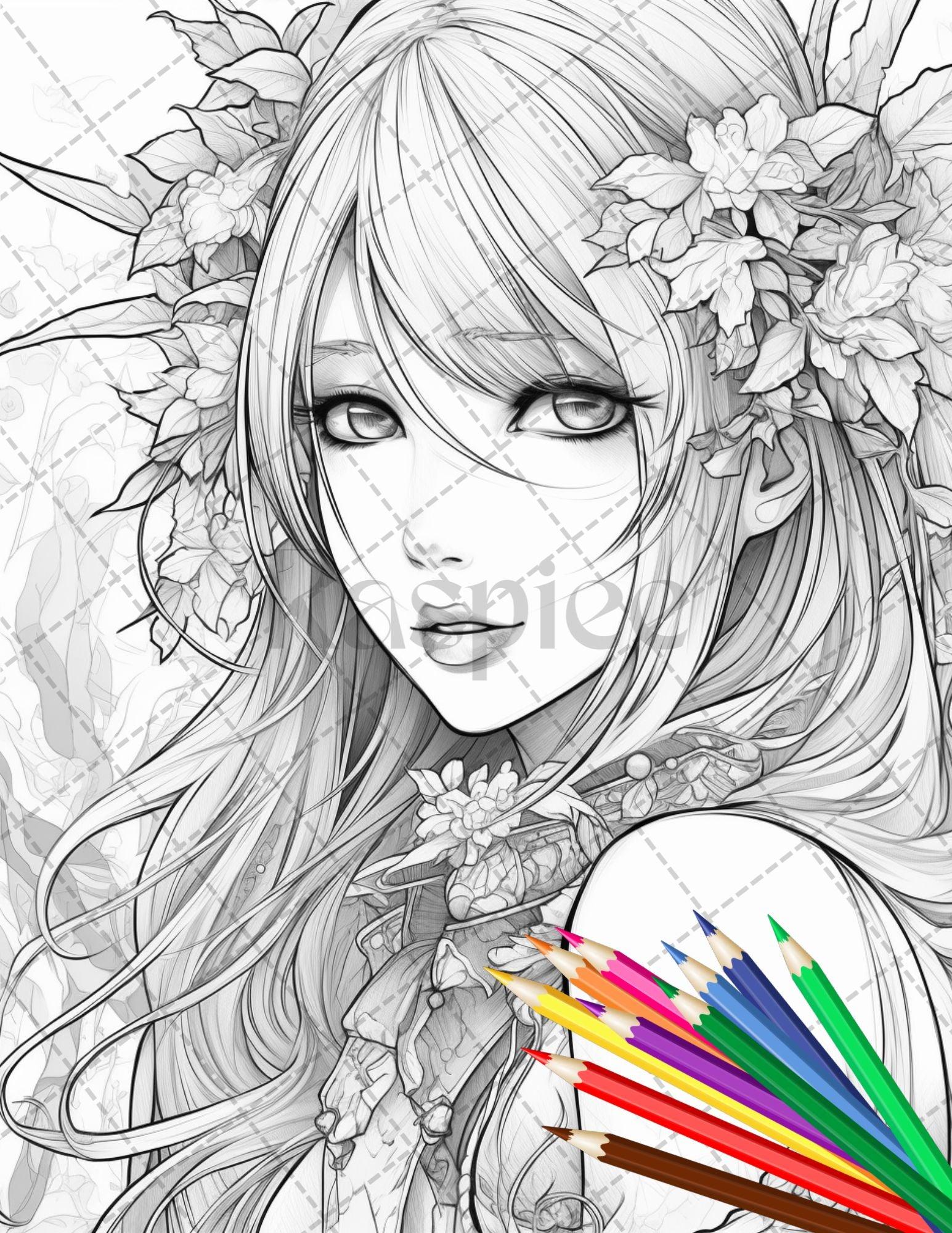 32 Anime Fairy Girl Printable Coloring Pages for Adults, Cute Fairy Grayscale Coloring Book, Printable PDF File Download