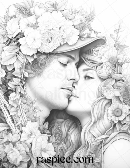 50 Romantic Couple Flowers Grayscale Coloring Pages Printable for Adults, PDF File Instant Download