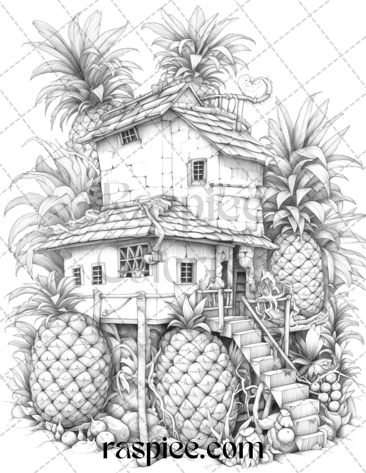 50 Pineapple Houses Grayscale Coloring Pages Printable for Adults, PDF File Instant Download